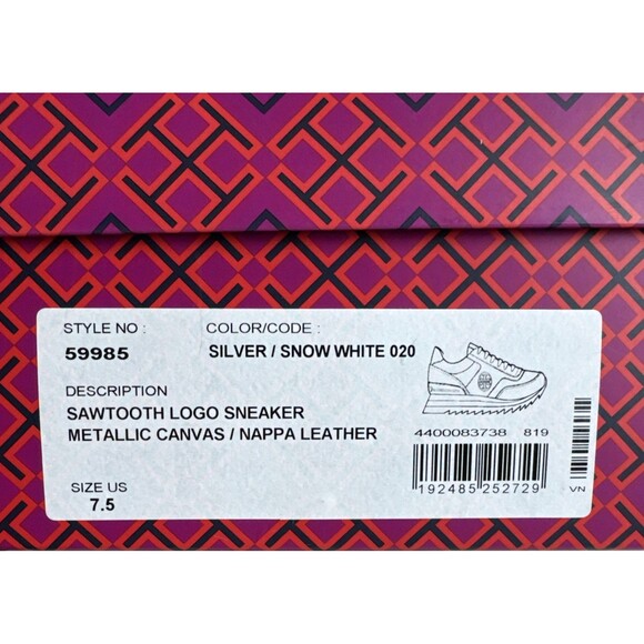 Tory Burch Sawtooth Logo Sneaker Size 7.5 Metallic Canvas Napa Leather Silver - Picture 3 of 12